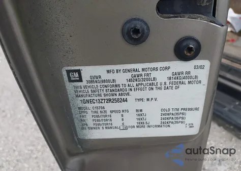 2002 Chevrolet Tahoe Ls из США, поврежденный, VIN 1GNEC13Z72R258244